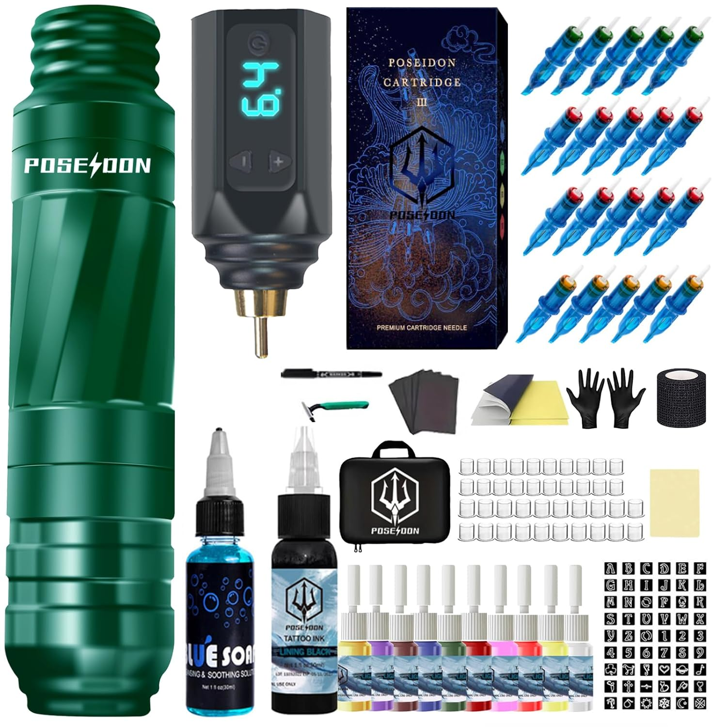 POSEIDON Complete Rotary Green Tattoo Pen Machine Kit