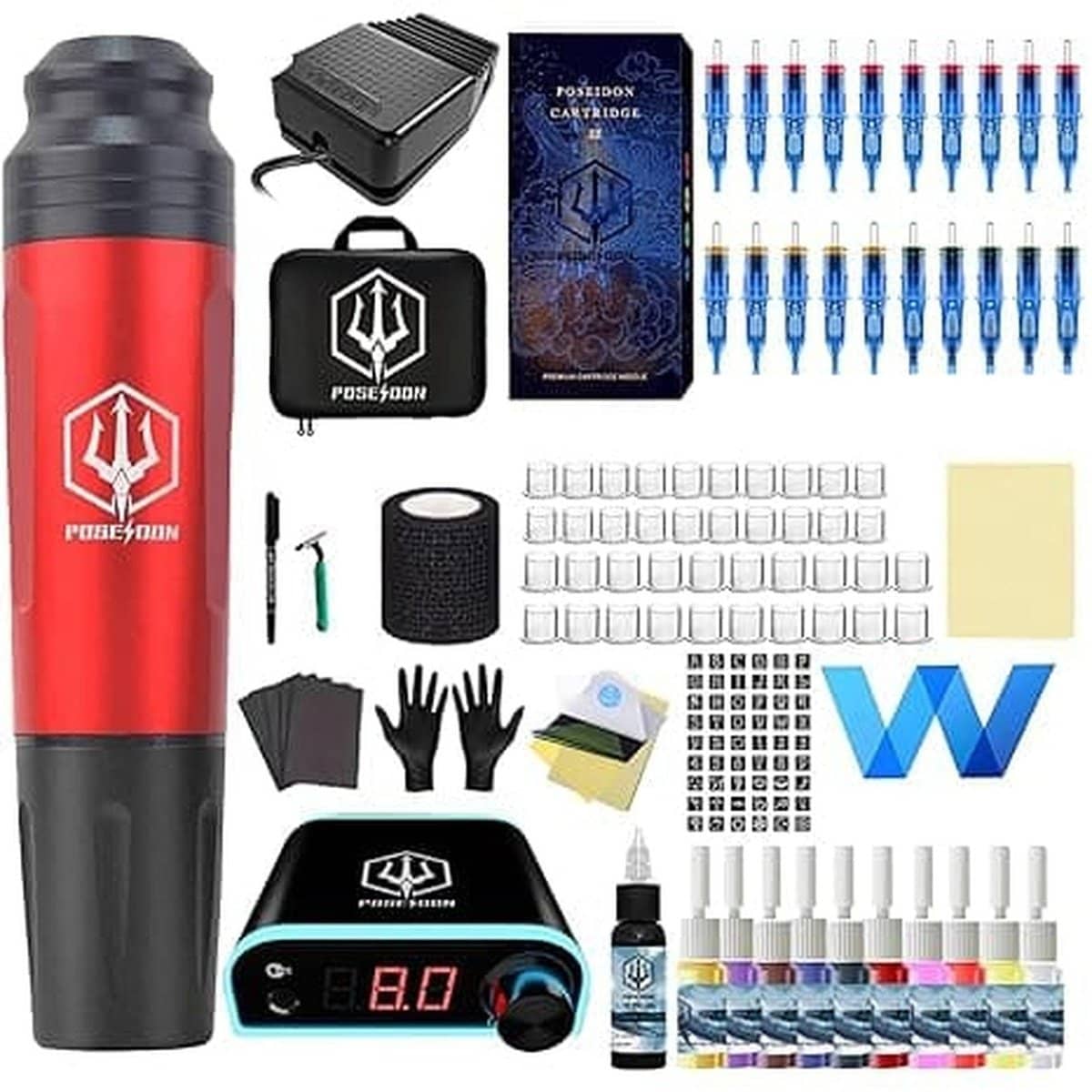 POSEIDON Red Wireless Power Rotating Tattoo Pen Kit 041