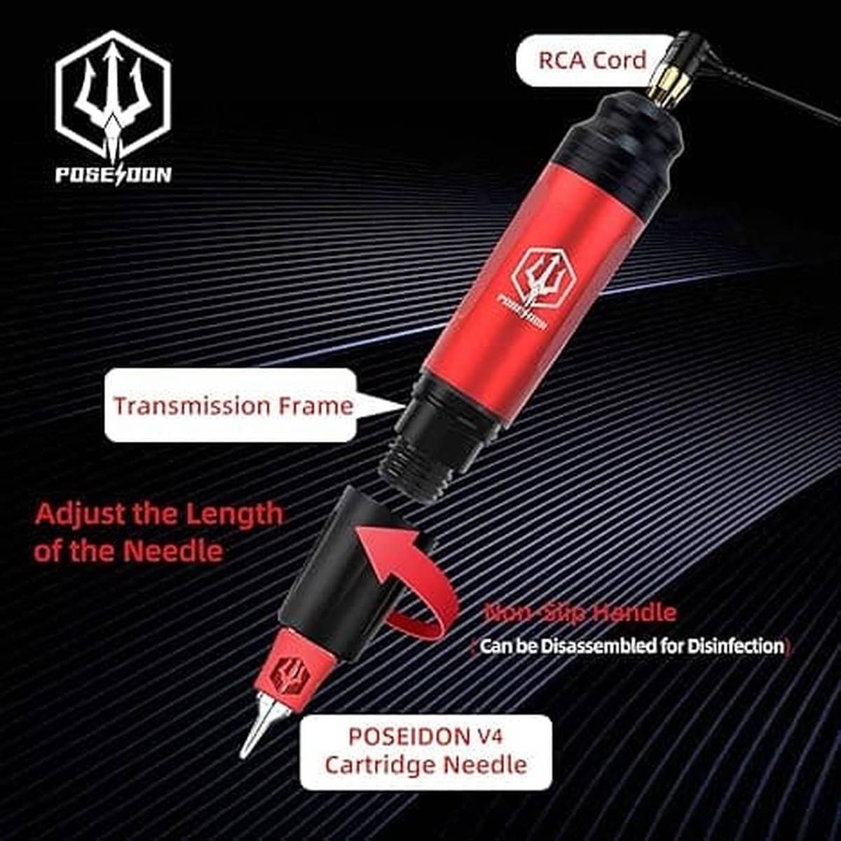 POSEIDON Red Wireless Power Rotating Tattoo Pen Kit 041