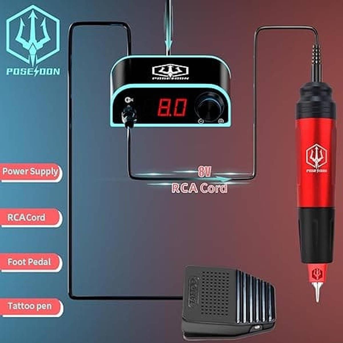 POSEIDON Red Wireless Power Rotating Tattoo Pen Kit 041