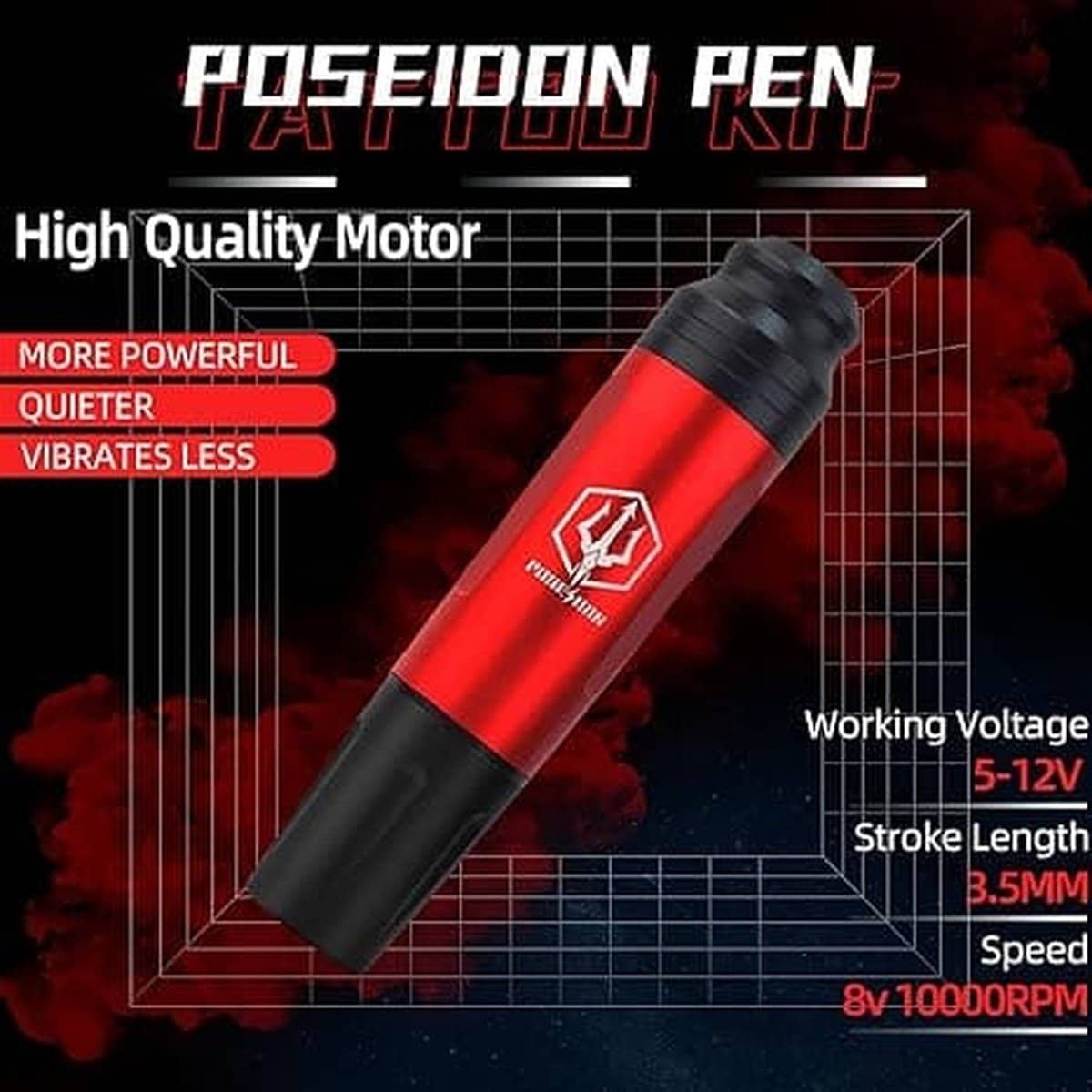 POSEIDON Red Wireless Power Rotating Tattoo Pen Kit 041