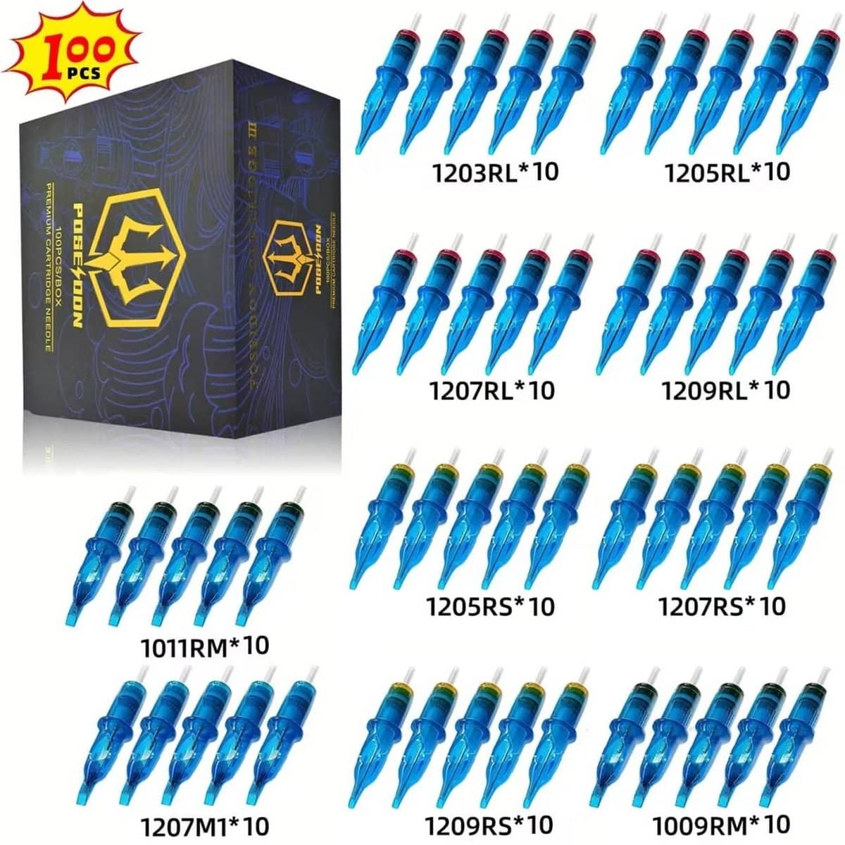 POSEIDONT Tattoo Cartridge Needles V3 100pcs Mixed RL/RS/RM/M1