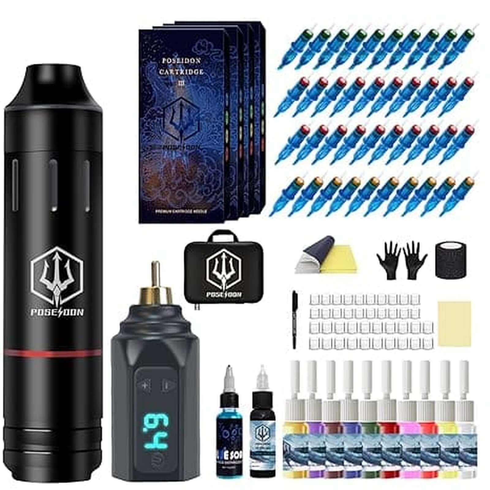 Poseidon Tattoo Pen Kit Wireless Tattoo Machine Kit, Tattoo Gun Kit with Tattoo Power Supply and 40 Pcs Tattoo Cartridge Needles, Complete Tattoo Kit Tattoo Supplies for Artists（PTK031）