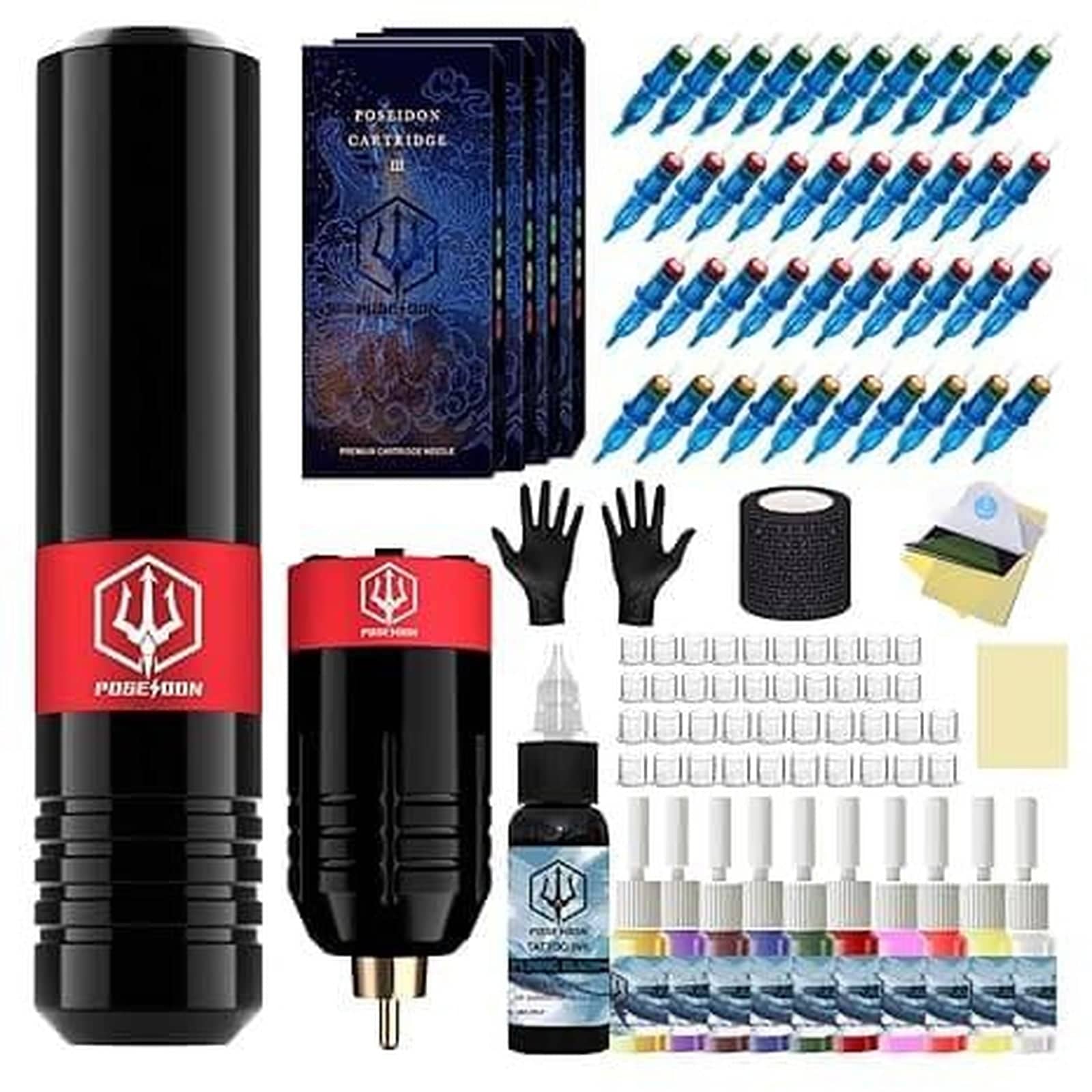 Tattoo Kit, POSEIDON Rotary Tattoo Pen Kit for Beginners, Wireless Tattoo Machine Kit with Power Supply and 40 Pcs Tattoo Cartridge Needles, Tattoo Gun with for Artists TK023