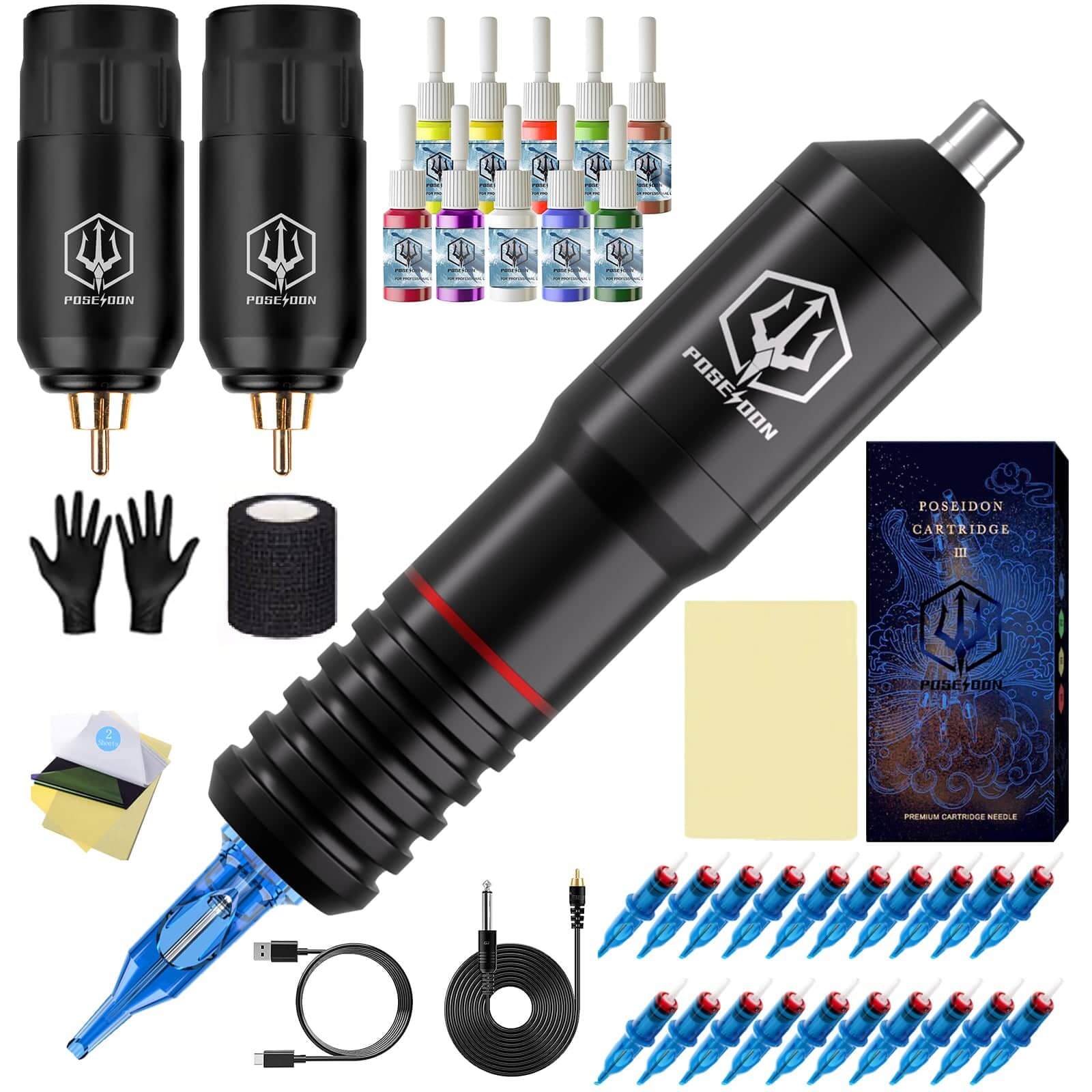 Poseidon Wireless Tattoo Kit + 2 Batteries + 20 Mixed Needles hm073